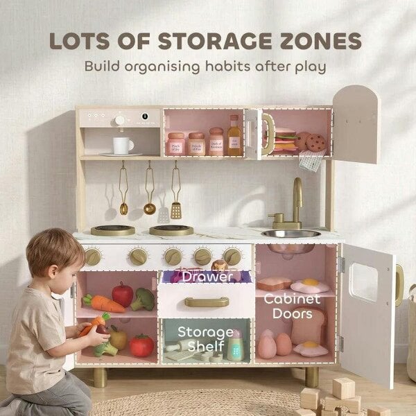 Bobobiy Play Kitchen, Kids Kitchen Playset with Rotating Coffee Machine, Storage Shelf, Stove, Gift for Kids 3-6 Years, White