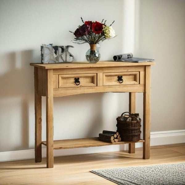 Rafaelo Mobilia Pine Console Hallway Table With 2 Drawers Brown