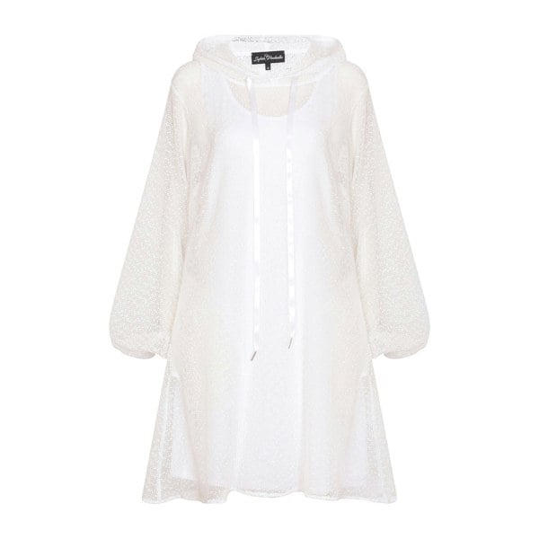 Plus Size Aphrodite White Holiday Resort Dress with matching white undergarment and hoodie on mannequin. Short Version as a cut out from the front.