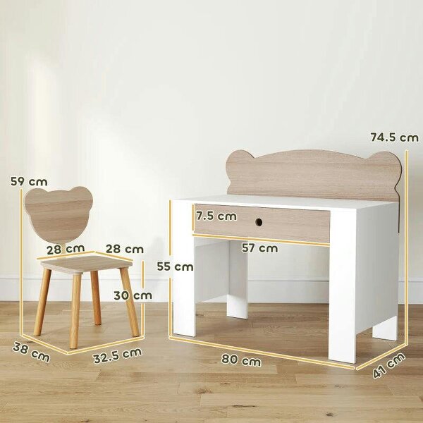 Kids Desk and Chair Set with Drawer for Drawing, Reading, Bear Theme Children Furniture for Bedroom, Daycare, Natural