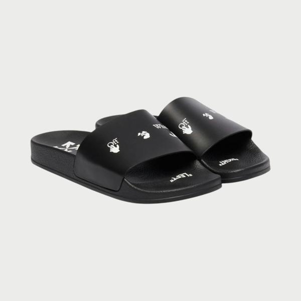 Supplied Fashion black unisex slides with white logo and text detailing, featuring a comfortable molded footbed.