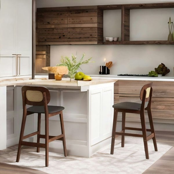 Rafaelo Mobilia Set Of 2 Faux Leather Bar Stools With Rattan Back and Wooden Legs Brown