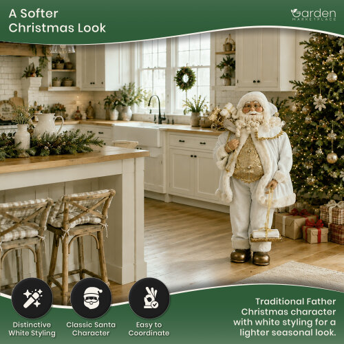 Standing Father Christmas Figure with Sack of Presents, White Santa Style Decoration, Free Standing Festive Ornament, 90cm Tall
