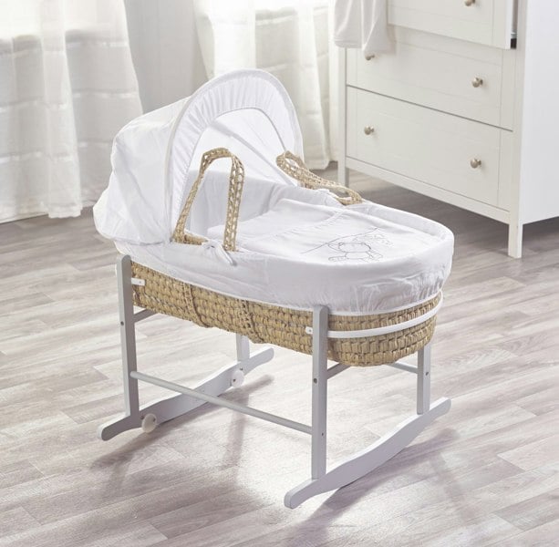 Kinder Valley White Teddy Wash Day Palm Moses Basket with Rocking Stand Grey