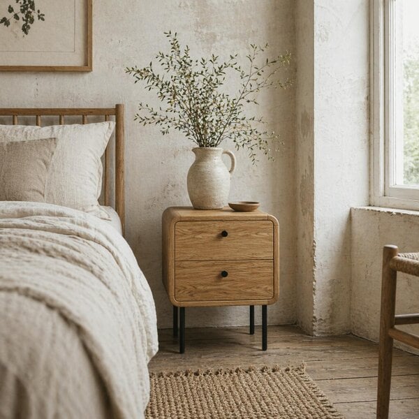 Wyld Haus Fafile Lesu Oak Finish Wooden Bedside Table With 2 Drawers And Black Steel Legs