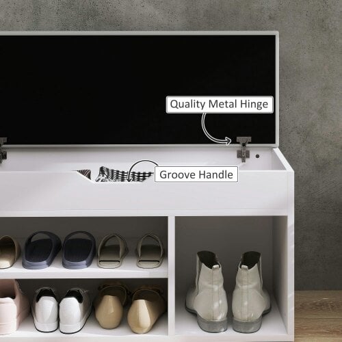 Wyld Haus Zima Wooden White Shoe Storage Bench With Hidden Compartment And Grey Padded Seat