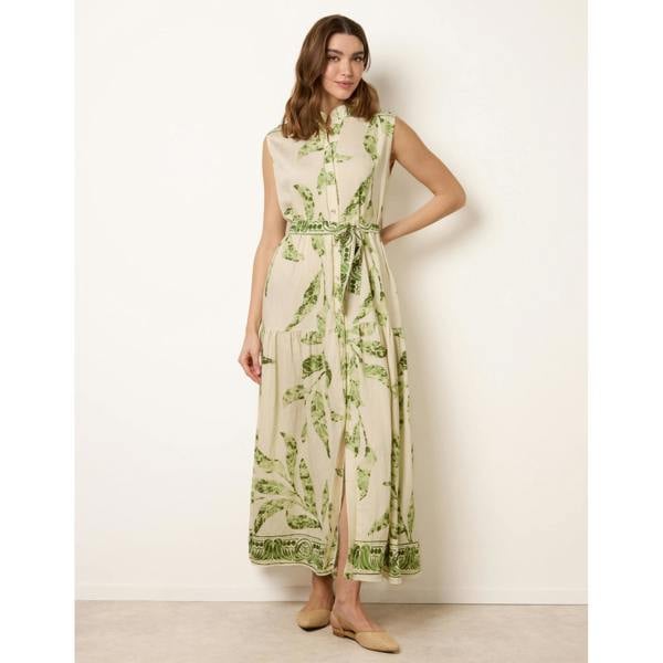 Blue Vanilla Leaf Print Collarless Shirt Dress With Belted Waist