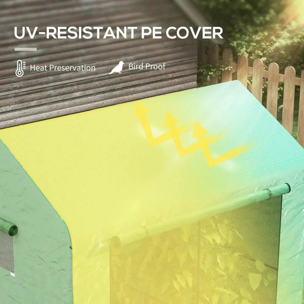 Green mesh greenhouse with translucent roof cover, rolled-up corner edge and support bar