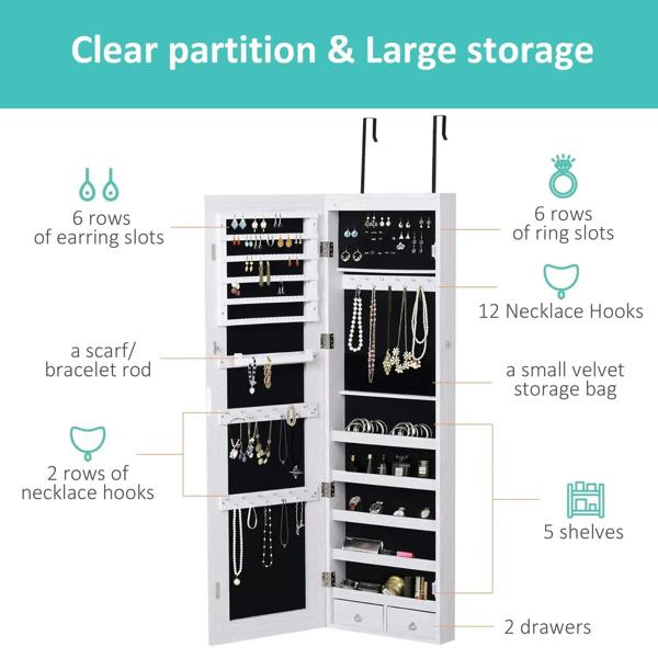 White jewelry cabinet with clear partitions, necklace hooks, drawers, and multiple shelves.
