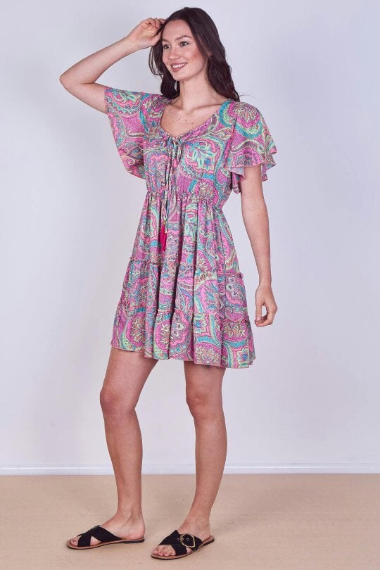 Elaina Fashion Mini Dress – Effortless Boho Style with Paisley Print - Onesize (8-14)