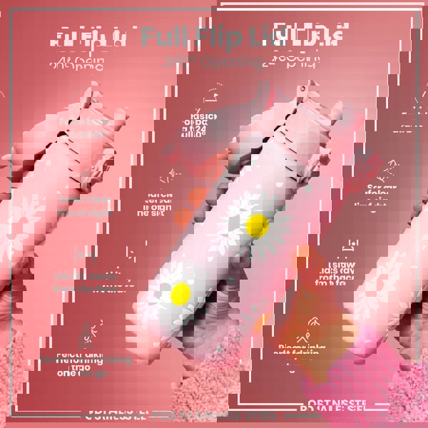 A pink daisy-patterned stainless steel water bottle with a full flip lid is being held; the lid opens 240 degrees, providing a clear line of sight and sitting away from the face; it's ideal for on-the-go use.
