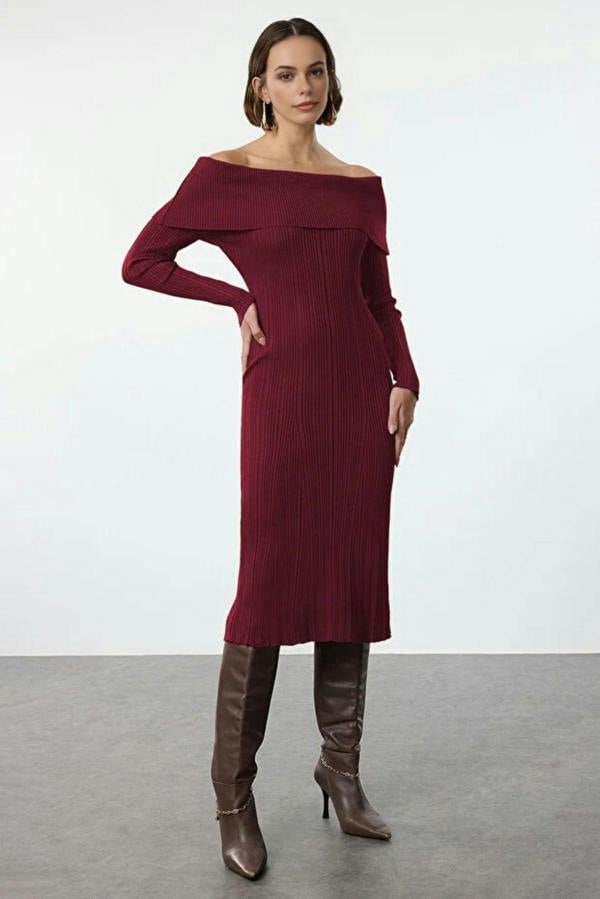 WOVCOR Midi Knit Basic Carmen Collar Dress