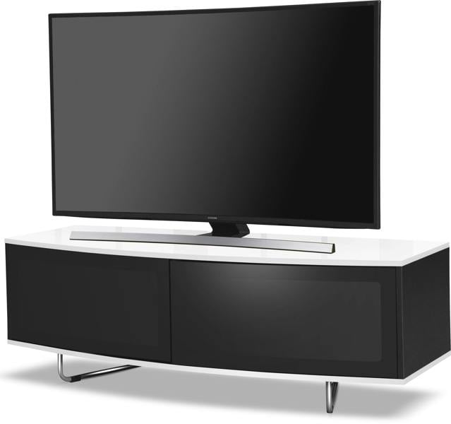 Homeology Caru Gloss Black and Gloss White Beam-Thru Remote Friendly Super-Contemporary"D" Shape Design 32"-65" LED/OLED/LCD TV Cabinet