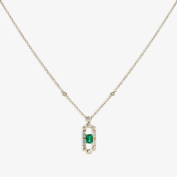T. H. Baker 18ct Gold Gatsby Baguette-cut Emerald and Round Diamond Dropper Necklace LG194/NB(EM)