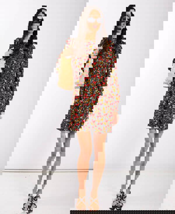 Red Floral Long Sleeves Mini Dress