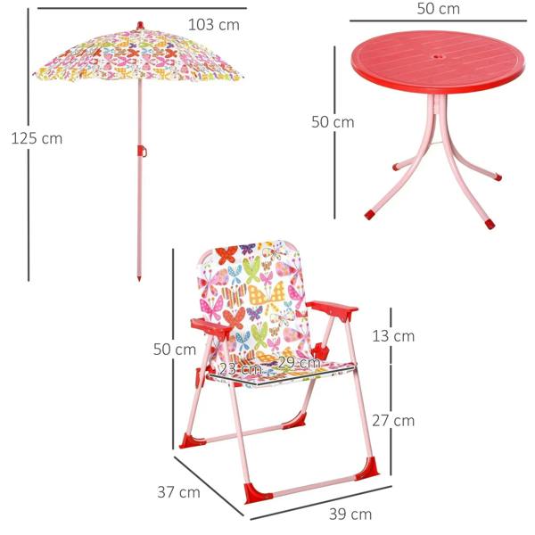 Kids bistro set layout: butterfly umbrella, round table, and foldable chairs with sizes