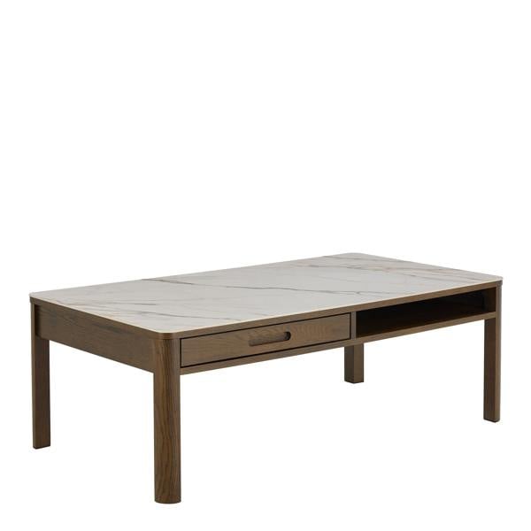 Wyld Haus Cork Rectangular Cream Ceramic Coffee Table with Oak Veneer Base