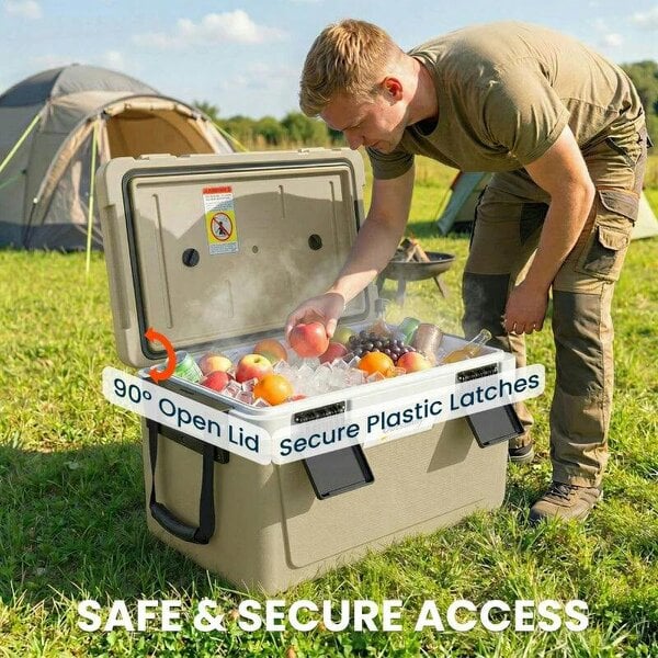 Bobobiy 42.6L Insulated Cool Box, Lightweight Portable Ice Cooler with Handle, Lid and Drain Valve, Khaki