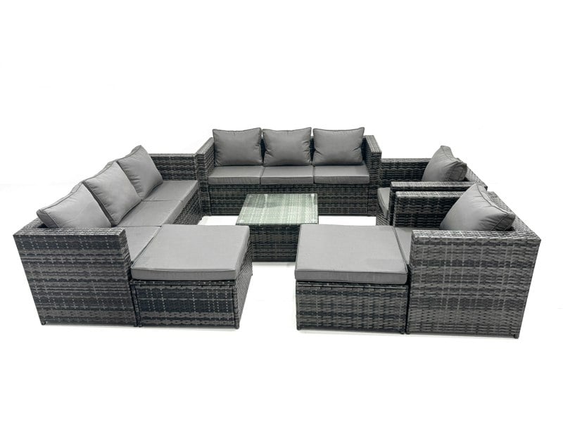 Fimous Outdoor Rattan Garden Furniture Set 10 Seater Patio Lounge Sofa Set with Armchair Square Coffee Table 2 Big Footstool Dark Grey Mixed