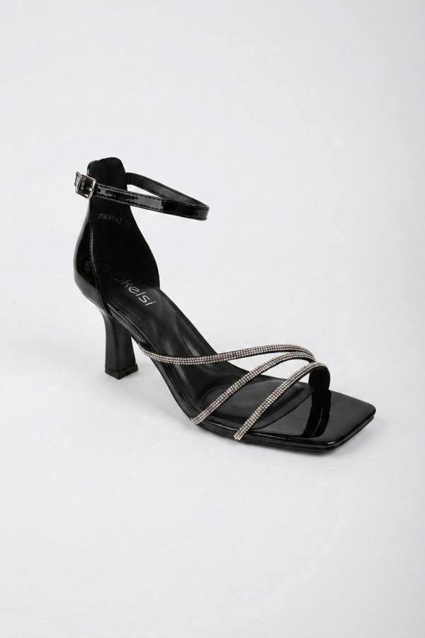 Saoirse Patent Rhinestone Strap Square Sandals - Black