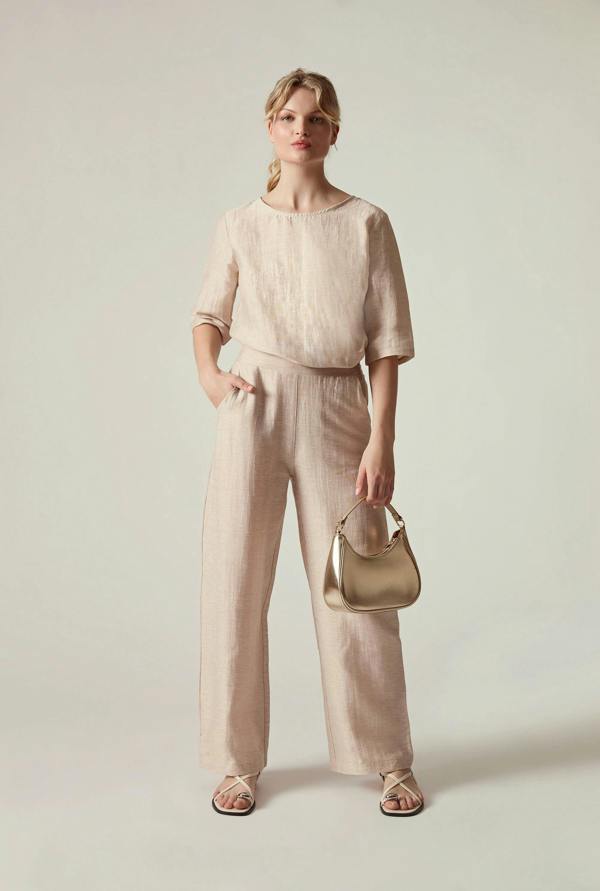 James Lakeland Beige Linen Blend Button-Back Top