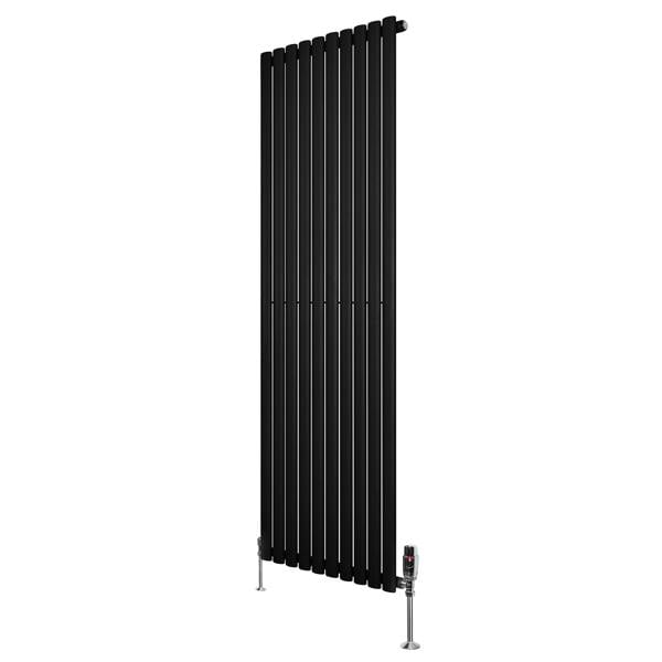 Sleek black oval single column radiator with vertical slats, measuring 1800mm x 600mm, featuring stylish valves at the base