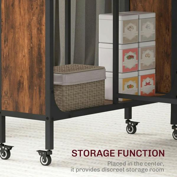 Rustic brown table with open side storage compartment and basket inside black frame
