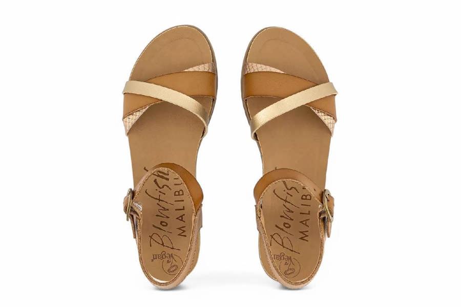 Blowfish Malibu Womens Tan Strappy Buckle Wedge Sandals - Monti-B