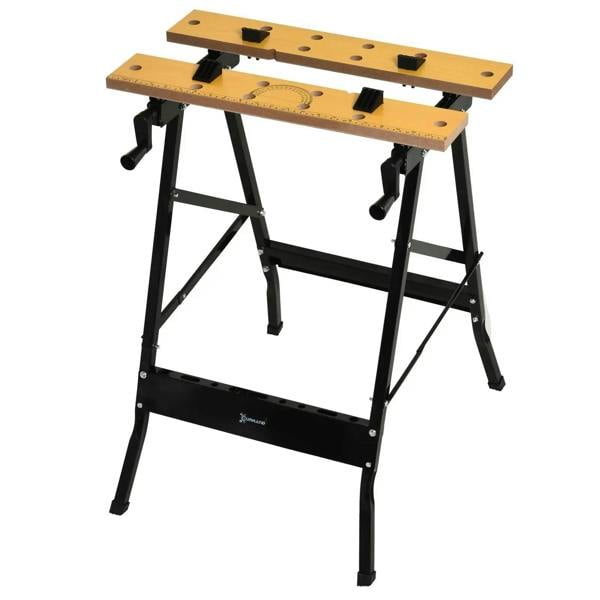 Folding work bench with light wood top, black legs, and adjustable clamping pegs