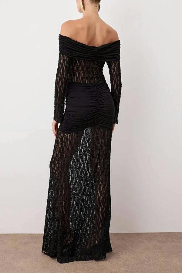WOVCOR Carmen Collar Lace Knit Elegant Maxi Evening Dress