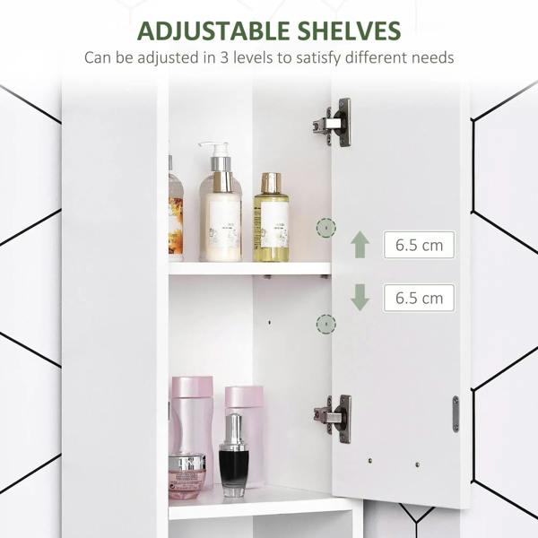 White bathroom storage cabinet with three-position adjustable shelves inside.