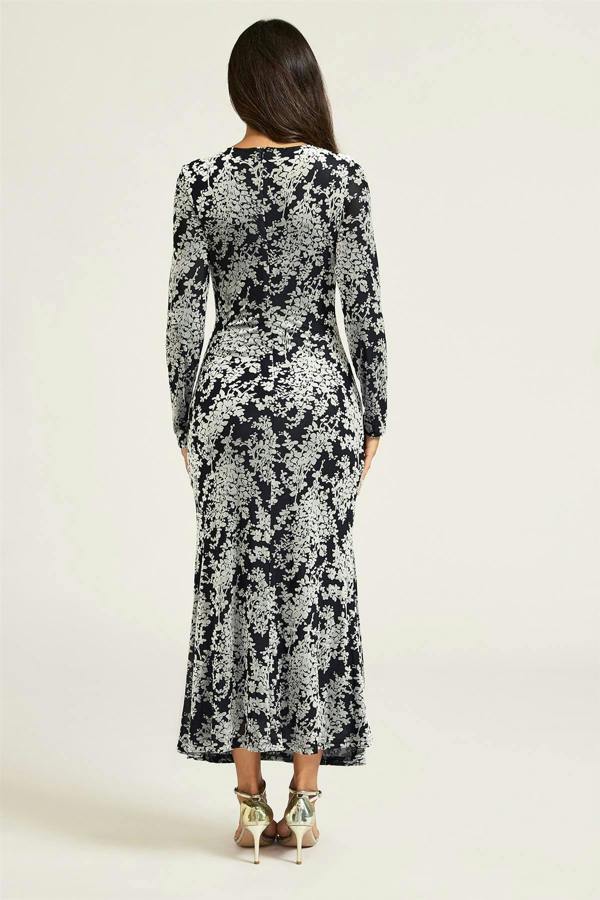 FS Collection Silver Floral Velvet Devore Long Sleeve Wrap Midi Dress In Black