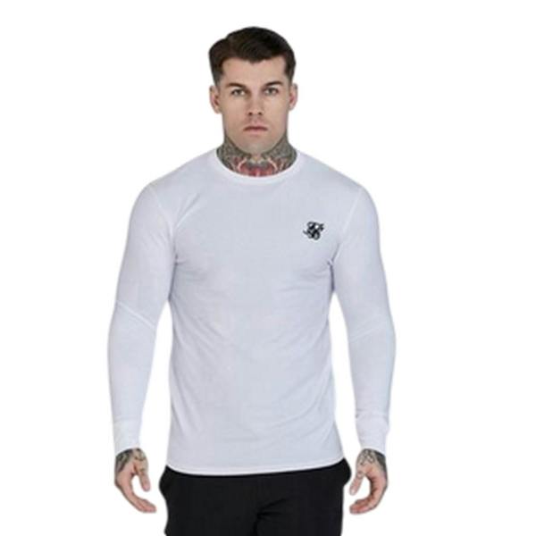 SikSilk Mens Embroidered Logo Fitted Long-Sleeved T-Shirt - White - 