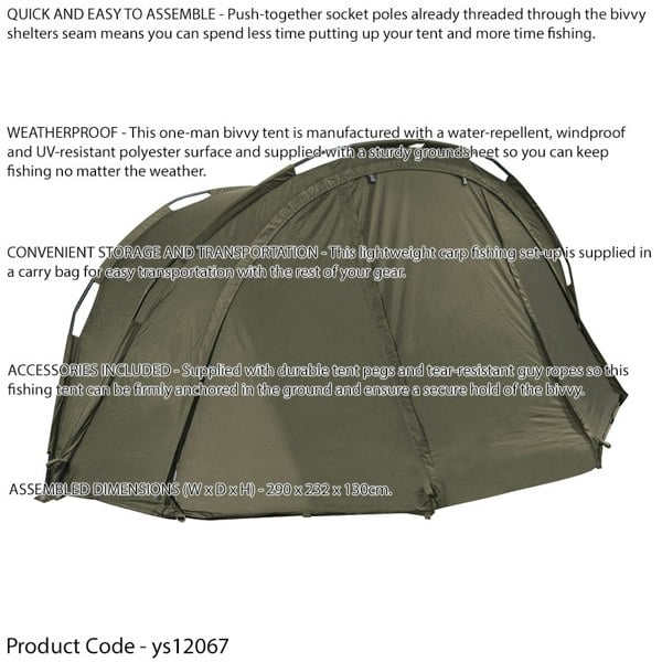 1 Man Waterproof Carp Fishing Bivvy Tent & Reclining Height Adjustable Chair Set - LoopsDirect
