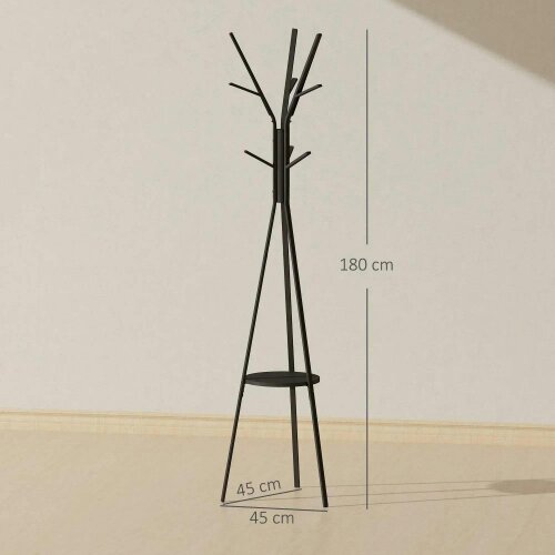 Bobobiy Freestanding Metal Coat Rack Stand 9 Hooks Clothes Tree with 1 Shelf Hat Display Hall Tree Hanger Bag Umbrella Hanging Organiser Black
