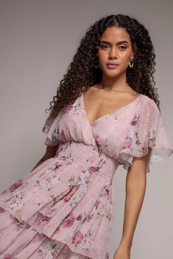 Layered Floral Midi With Flutter Sleeves - Blush DR3219