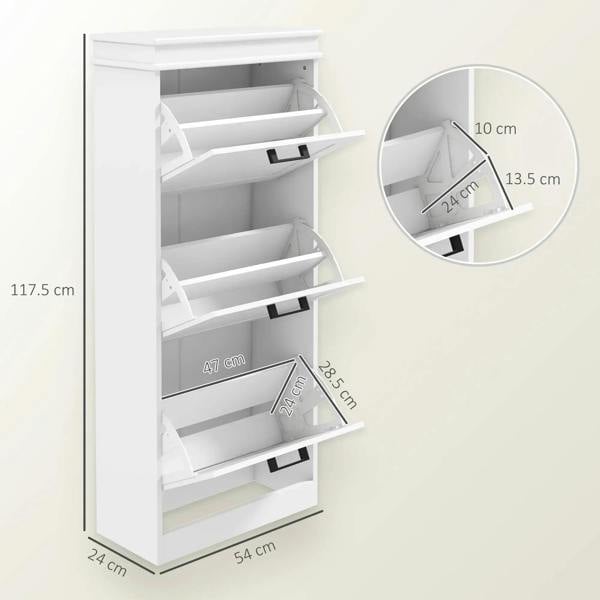 White shoe cabinet with open interior shelves and three drawer compartments, with measurements
