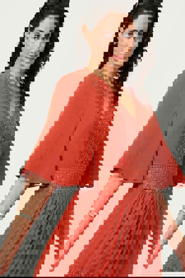 Orange | Lace Trim Tiered 1/2 Sleeve Maxi Dress