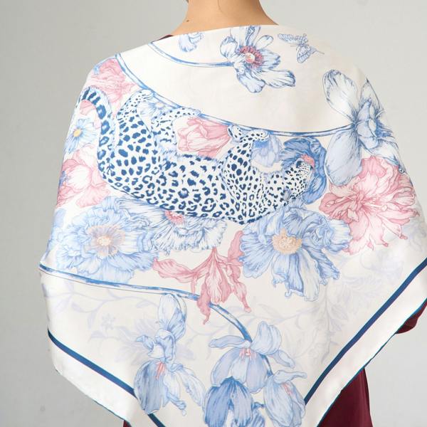 Leopard & Floral Twill Silk Scarf – Printed Mulberry Silk, Gift for Her