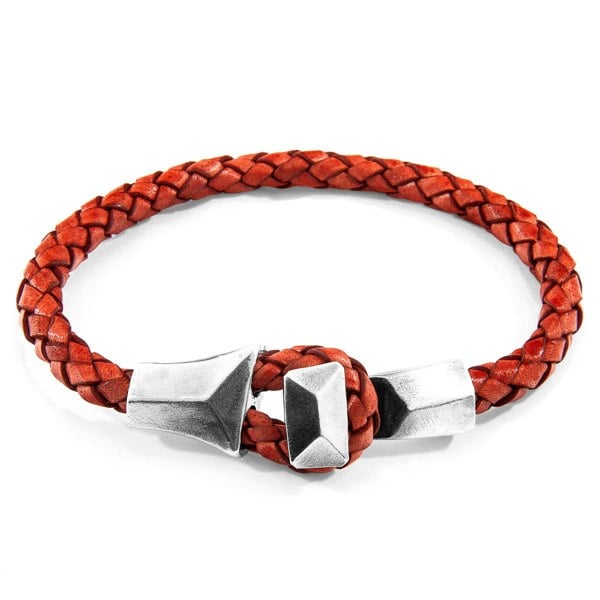 Anchor & Crew Amber Red Alderney Silver and Braided Leather Bracelet