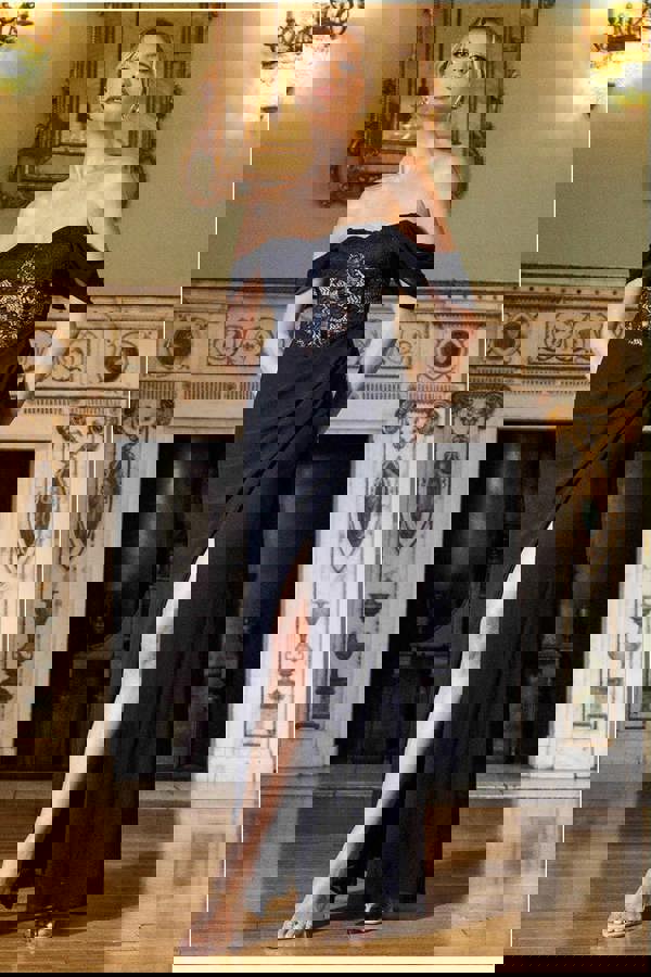 Scalloped Lace & Chiffon Winged Corset Bodice Maxi Dress - Black DR4397