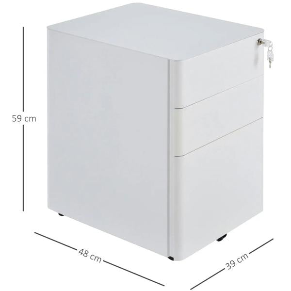 White rolling filing cabinet with three stacked drawers and a keyed lock