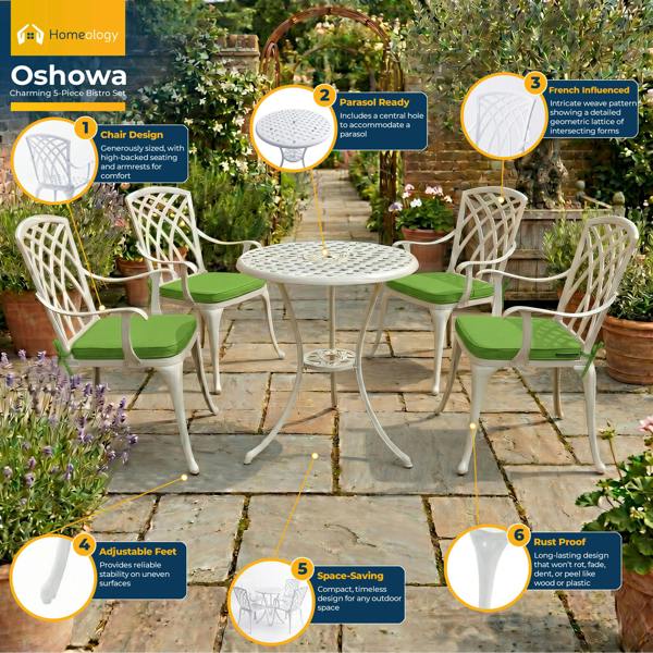 Homeology OSHOWA Luxurious Garden and Patio Table and 4 Large Chairs with Armrests Cast Aluminium Bistro Set - White with Green Cushions