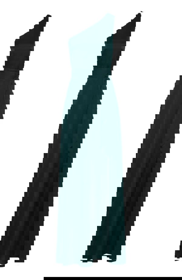 Satin one shoulder bridesmaids dress in forest green with a detachable bow. A beautiful rich forest dark bottle green this dress is a modern and stylish option for all occasions.