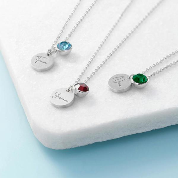 Abode Home & Gifts Personalised Birthstone Crystal And Disc Necklace | Silver