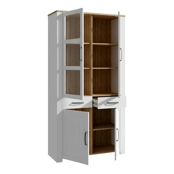 Wyld Haus Southampton White and Natural Oak Effect Display Cabinet with LED Lighting 4 Door 2 Drawer
