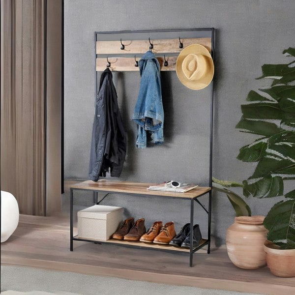 Rafaelo Mobilia Industrial Coat Rack Stand With 2 Shelves & 7 Hooks