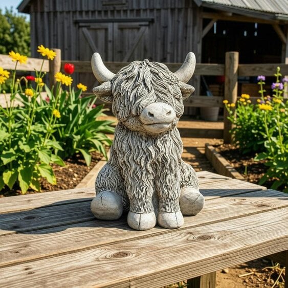 OSN Traditional Stone Cast Highland Cow Garden Sculpture – Rustic Farmyard Décor
