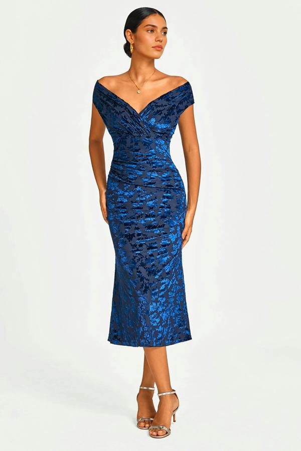 FS Collection Floral Velvet Devore Bardot Pleated Midi Dress In Navy
