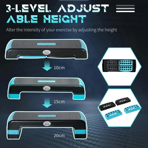 3-level adjustable aerobic step platform with black deck and blue support panels